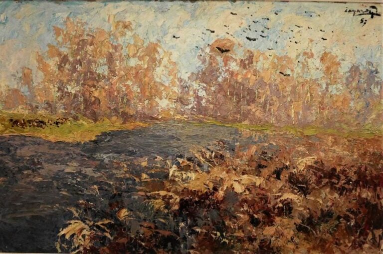 Automne sur le Lutin 1957, signée en haut à droite, titrée et datée au dos