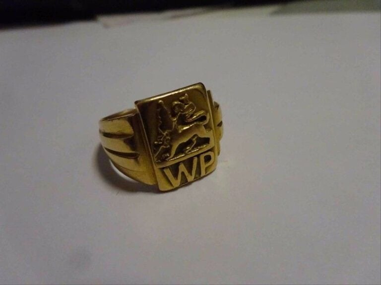 Bague chevalière d'homme en or jaune 14K (580°/00) gravées des initiales WP surmontée d'une chimèr