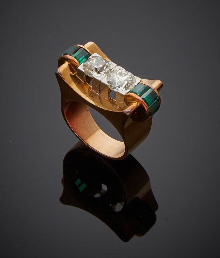 BAGUE chevalière "Tank" en platine (min. 800‰) et or jaune (585‰) 14 carats, in…