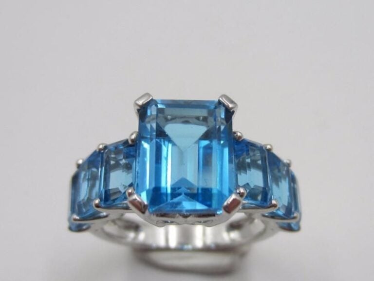BAGUE en or jaune (750 millièmes) serti de topazes bleues de forme rectangulaire, taillées à degrés, dont une, au centre, plus important