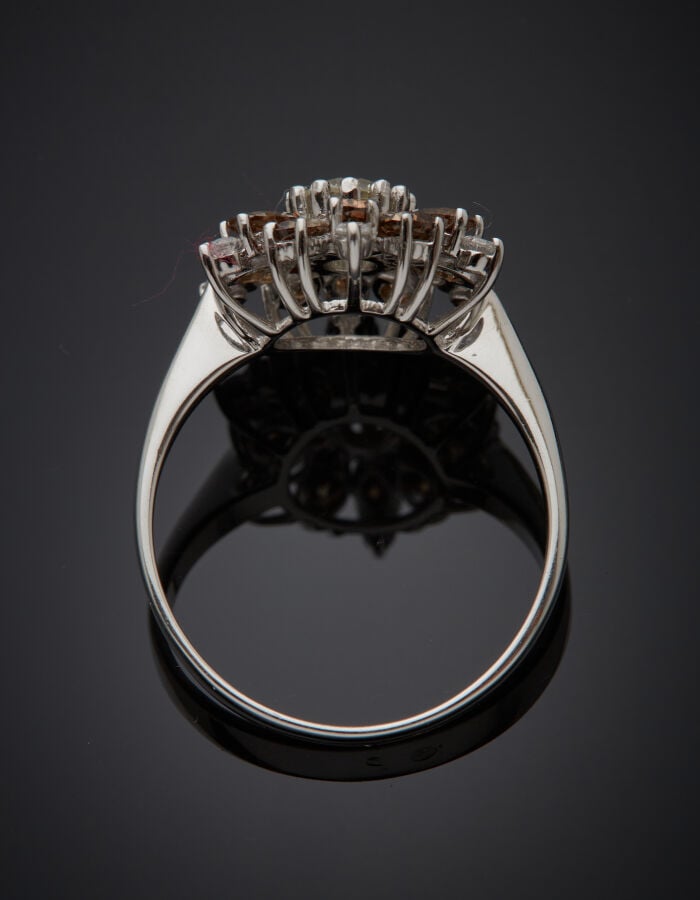 BAGUE "fleur" en or gris (750‰) serti d'un diamant blanc taille brillant, entou…