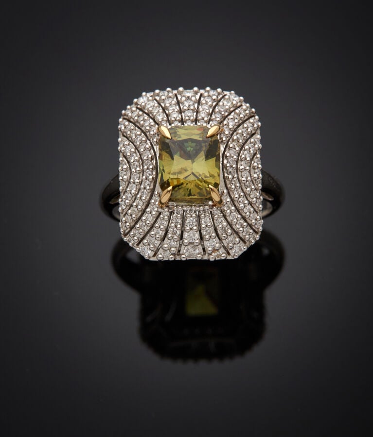 BAGUE octogonale en or gris (750‰) ajouré, serti d'un grenat démantoïde pesant…