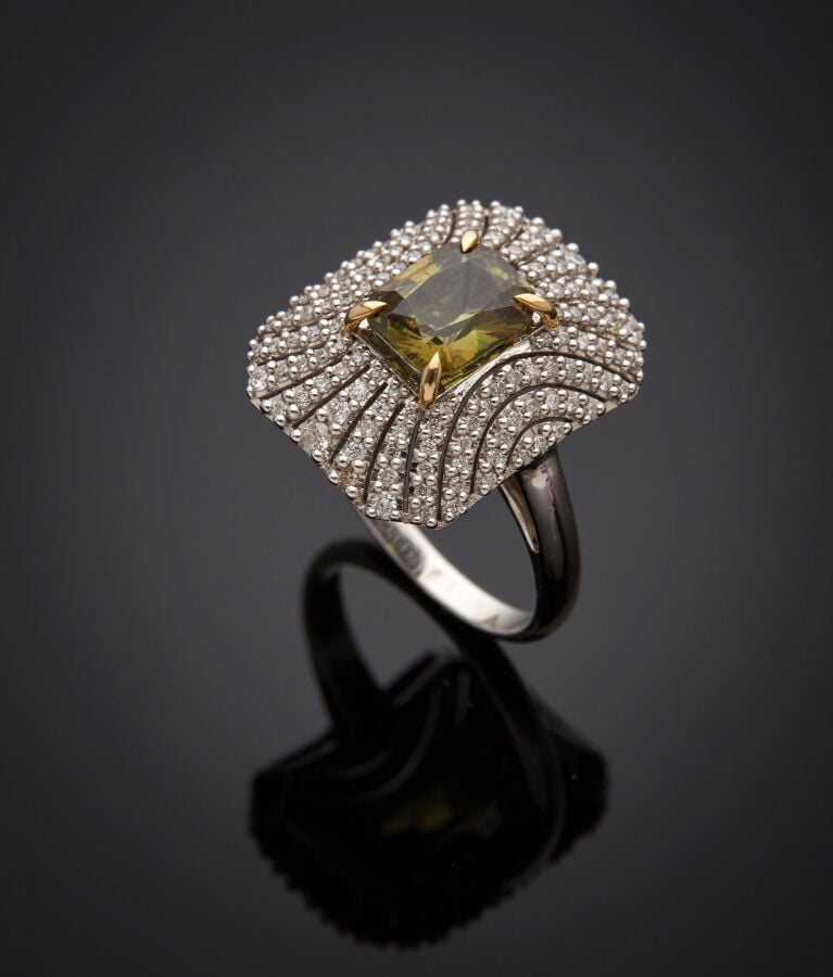 BAGUE octogonale en or gris (750‰) ajouré, serti d'un grenat démantoïde pesant…