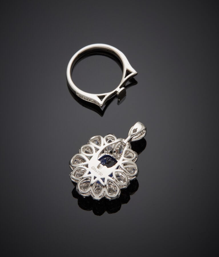 BAGUE - PENDENTIF "fleur" or gris (750‰) serti d'un saphir de CEYLAN, NON CHAUF…