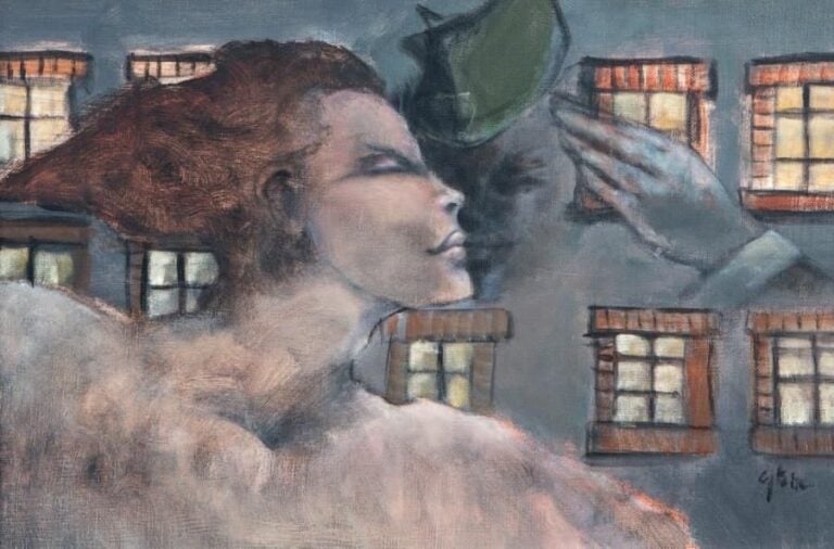 BAISER CASERNE Huile sur toile, signée en bas à droite 27,5 x 41,5 cm