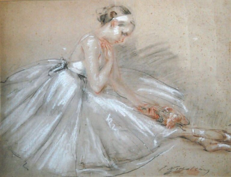 Ballerine Fusain et pastel sur papier Signé en bas à droite 47 x 61 cm