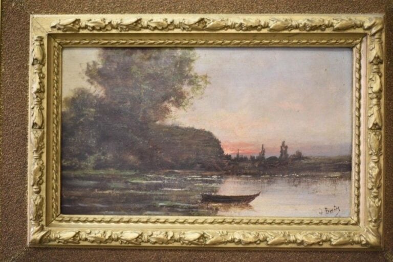 Barque au soleil couchant Huile sur toile, signée en bas à droite 22 x 35 cm