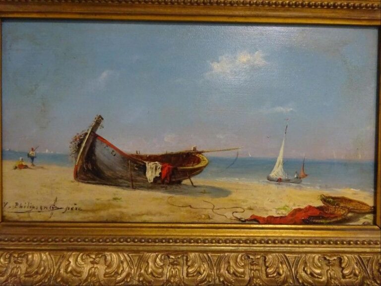 Barque sur la côte d'Italie Huile sur panneau Signée en bas à gauche 19 x 35 cm