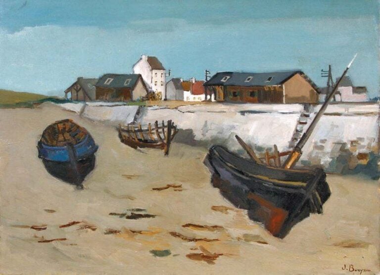 Barques à marée basse Huile sur toile, signée en bas à droit