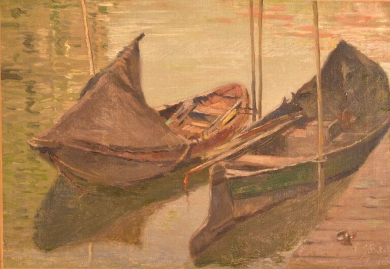 Barques au ponton Huile sur toile Signée en bas à droite 33 x 48 cm (restaurations)