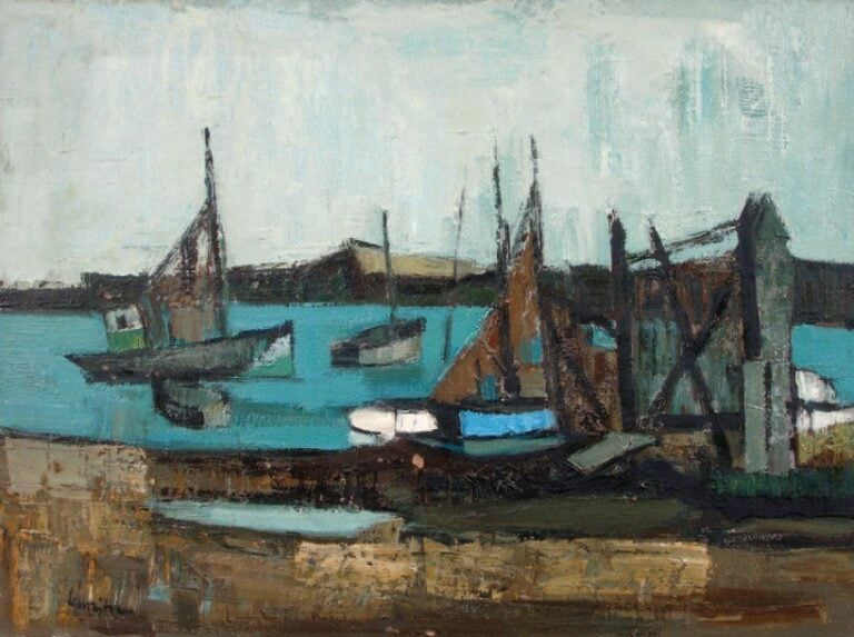 Barques de pêcheurs Huile sur toile, signée en bas à gauche 60 x 81 cm