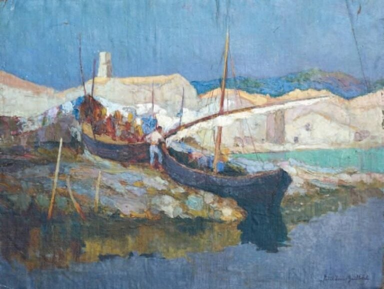 Barques et pêcheurs Huile sur toile, signée en bas à droite 46 x 61 cm