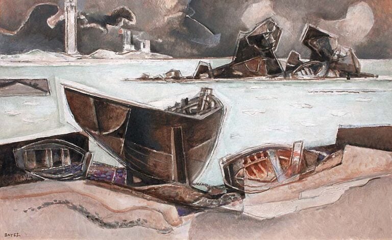 Barques sur la grève à Saint Guénolé Technique mixte sur papier, signée en bas à gauch