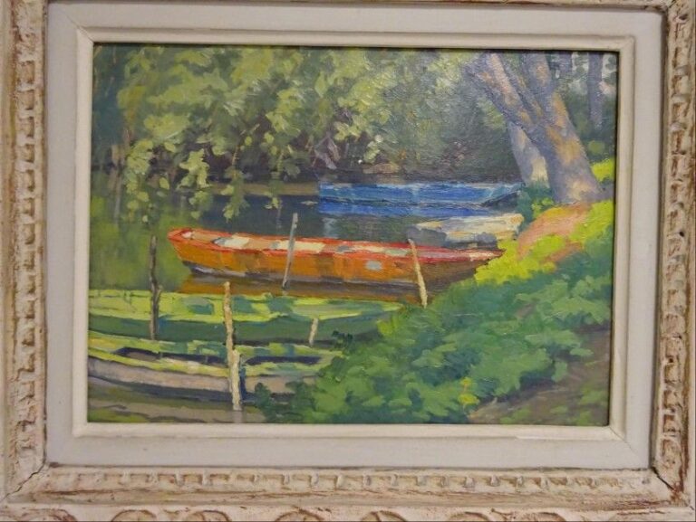Barques sur la rivière Huile sur panneau Non signée 24 x 33 cm