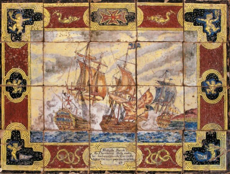 BATAILLE NAVALE Grand panneau de vingt carreaux de céramique représentant une scène de combat entre vaisseaux au XVIIe, portant dans un cartouche l'indication « Bataille naval