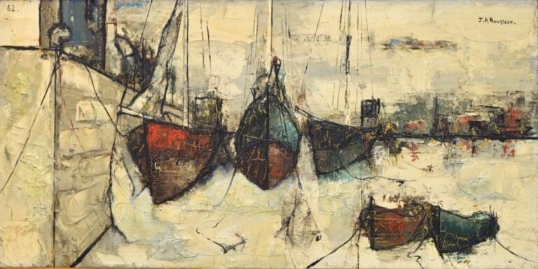 Bateau au port Huile sur toile Signée en haut à droite Datée en haut à gauche: 62 50 x 100 cm (craquelures)