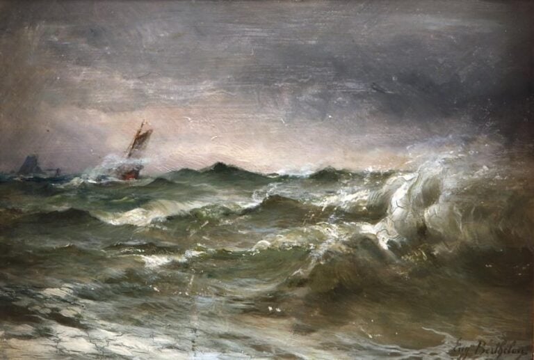 Bateau dans la tempête Huile sur panneau, signée en bas à droite 23,5 x 34 cm
