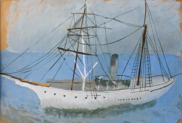 Bateau en mer Gouache Signée au dos 32,5 x 50 cm