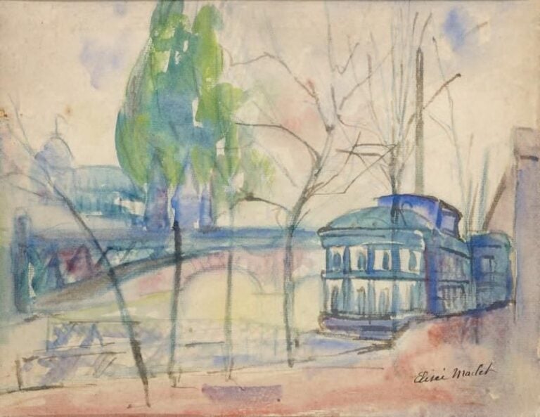 Bateau-lavoir sur la Seine Aquarelle, signée en bas à droite 24 x 30 cm