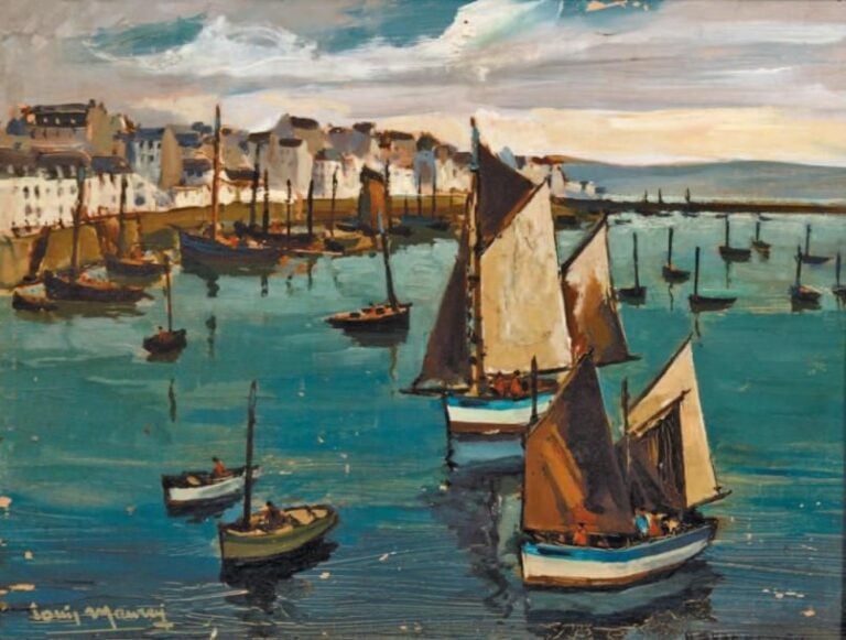 Bateau X au port Huile sur carton signée en bas à gauche 27 x 35 cm