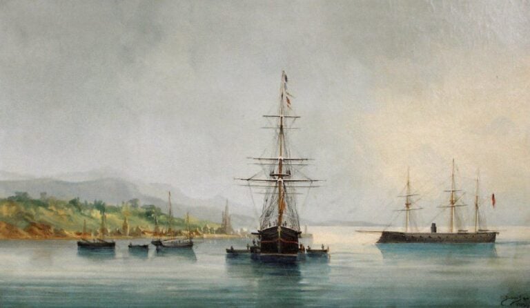 "Bateaux à l'ancre au large d'une côte" Huile sur toile, signée en bas à droite, datée 187