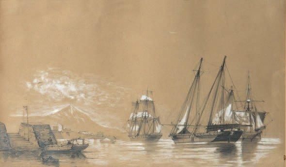 «Bateaux à l'ancre dans la baie de Naples» Mine de plomb et rehaut de craie blanch