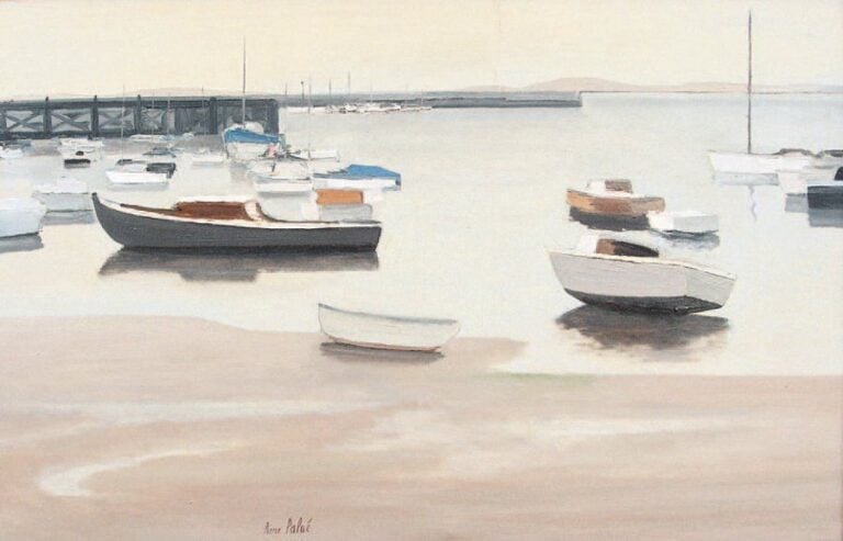 Bateaux à marée basse Huile sur toile, signée en bas au centre 58 x 85 cm