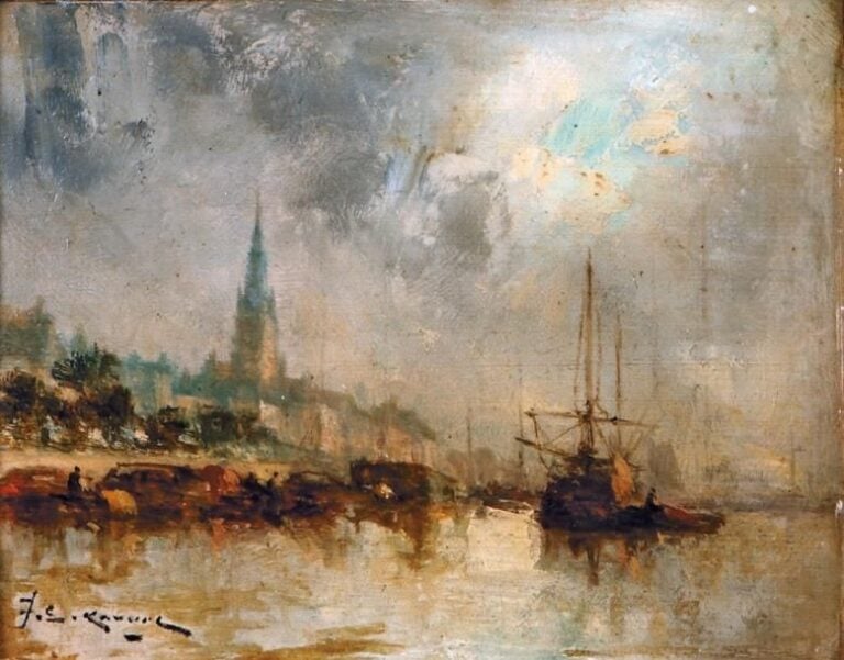 Bateaux à quai Huile sur panneau, signée en bas à gauche 18 x 23 cm