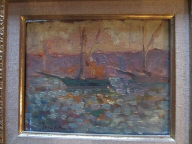 Bateaux à quai Huile sur panneau, signée en bas à gauche 18 x 24 cm