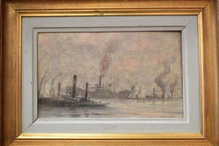 Bateaux dans le port Huile sur carton, signée en bas à droite 14 x 22 cm