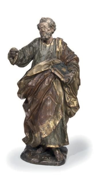 Belle figure de Saint Pierre en bois polychrome et dor