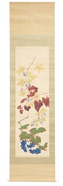 Belle peinture sur Rouleau (kakejiku) polychrome figurant des feuilles de vigne de lierre rouge, des échardes et des vrille