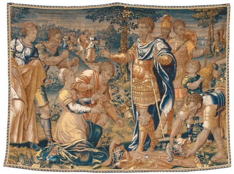 Belle tapisserie représentant une scène biblique : La victoire de Gédéon sur les israélite