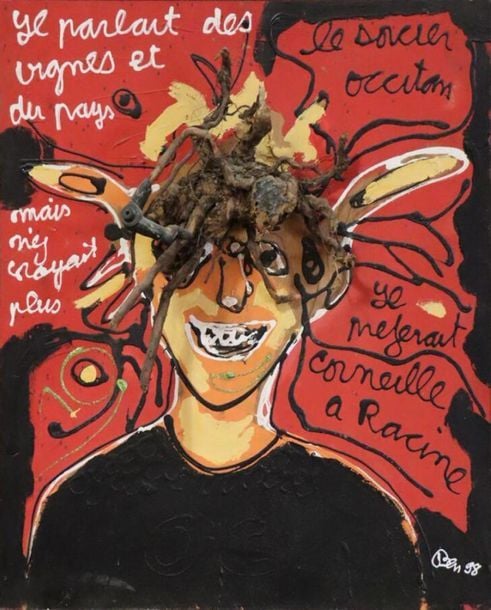 BEN (né en 1935) « Le sorcier occitan » huile sur panneau et racine signée en bas à droite et datée 98, contresignée et annoté "Ben pour les basques" au verso - 60x52,5
