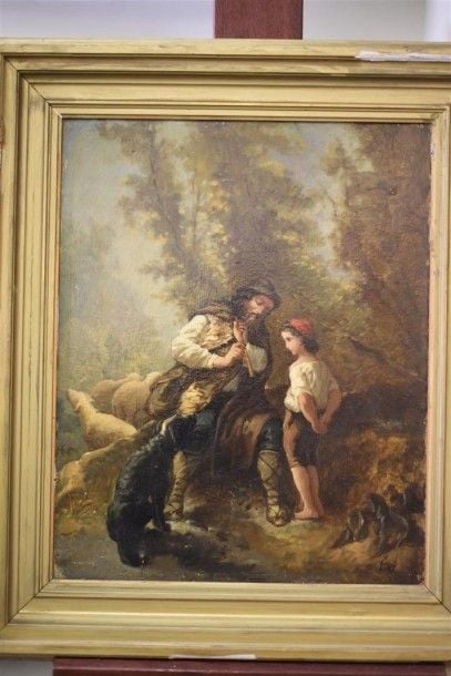 Berger à l'enfant et au chien Huile sur panneau Monogrammée en bas à droite (TS ou ES) 41 x 32 cm