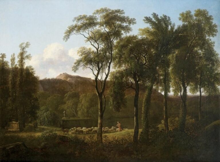 «Berger conduisant son troupeau de moutons dans un paysage classique de la campagne romaine» Huile sur toile 62,5 x 83,5 cm