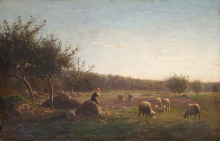 «Bergère gardant ses moutons» Huile sur toile (sans cadre) Signée en bas à gauche 33,7 x 51,2 cm