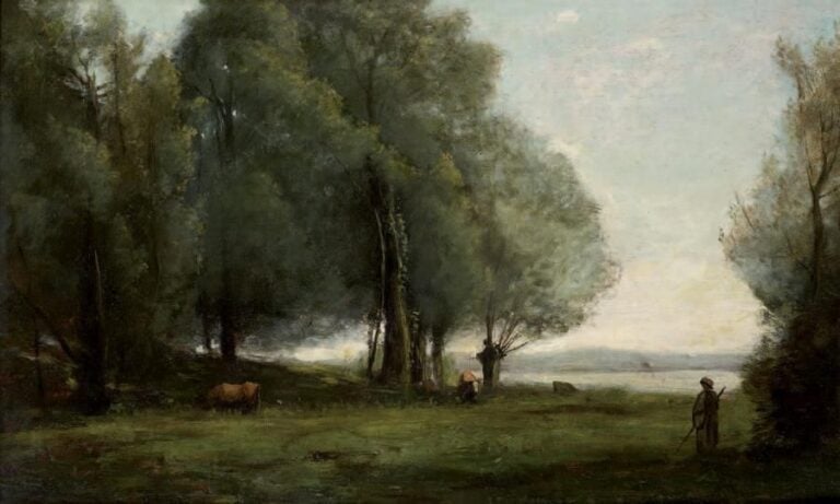 «Bergères gardant son troupeau de vaches à l'orée du bois» Huile sur panneau 32,3 x 52,3 cm