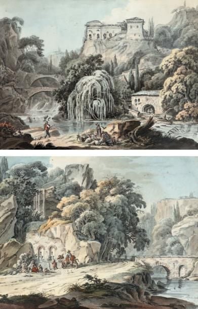 « Bergers au pied d'un torrent dans un paysage italianisant » « Voyageurs au bord de la route dans un paysage italianisant » Signé en bas à droite Dalbe delineavit Deux dessins formant pendants Plume, lavis et aquarelle 44,5 x 48 cm chaque