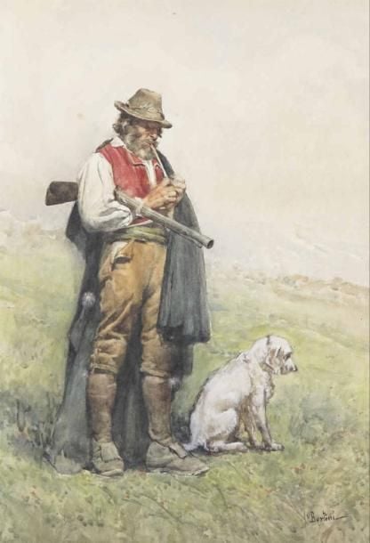 BERTINI ? Chasseur et son chien Aquarelle sur papie