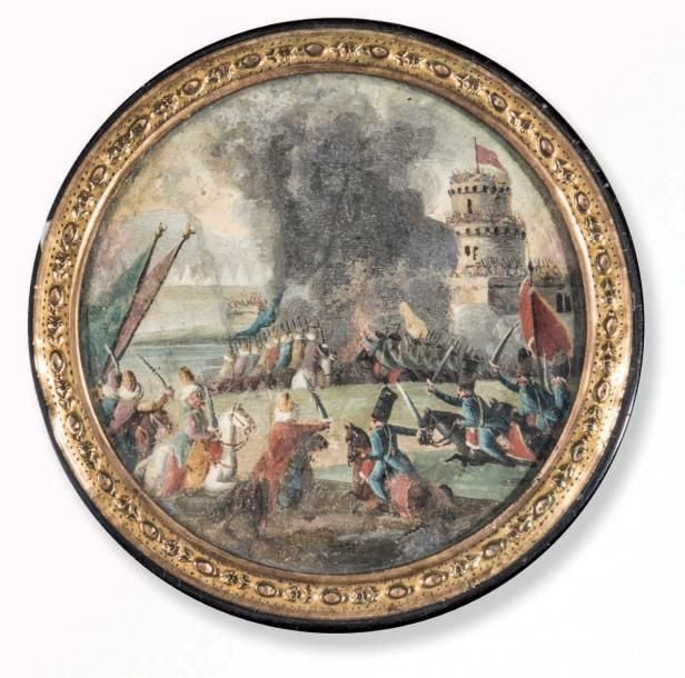 Boîte en écaille ornée d'une miniature à scène de bataille