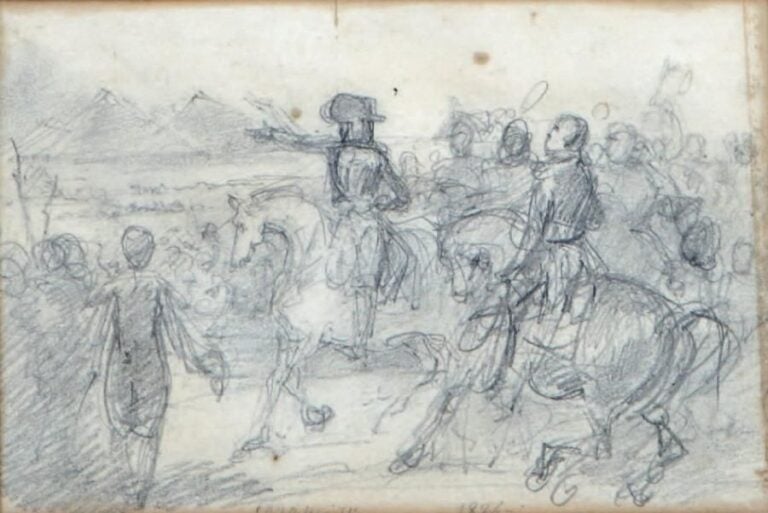 «Bonaparte en Égypte devant les pyramides» Pierre noire (rousseurs) 11,4 x 17 cm