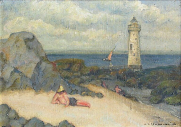 Bord de mer avec phare Huile sur toile Signée en bas à droite 19,5 x 27,5 cm