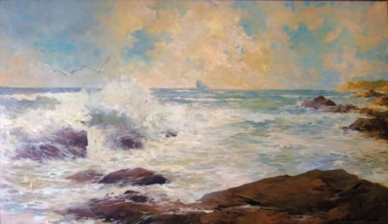 Bord de mer rocheux Huile sur toile Signée en bas droite 76 x 126 cm