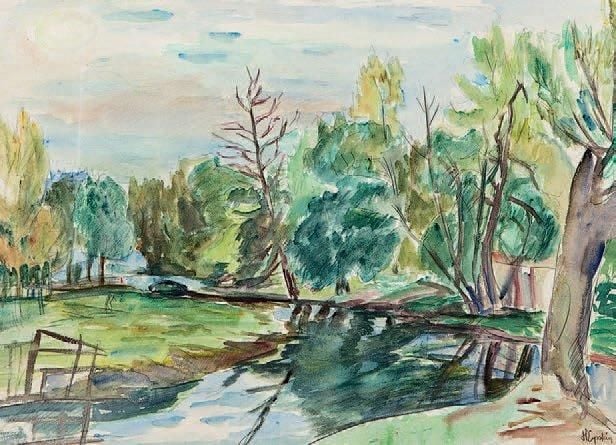 Bord de rivière Aquarelle, signée en bas à droite 40 x 55 cm (à vue) Watercolor, signed lower right