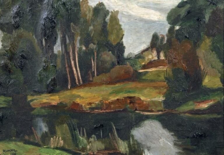 BORD DE RIVIÈRE Huile sur toile, signée en bas à gauche et datée «1938» 44 x 65 cm
