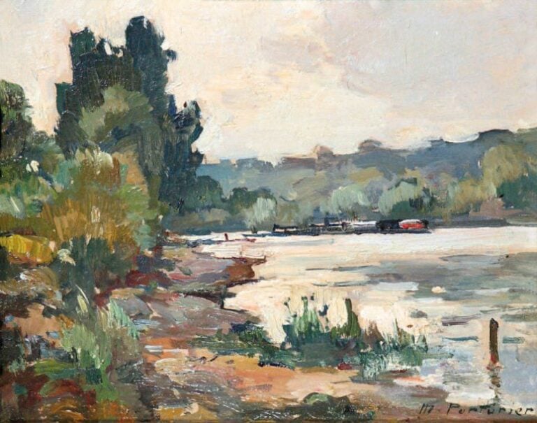 BORD DE SEINE Huile sur panneau, signée en bas à droite 19,5 x 25,5 cm