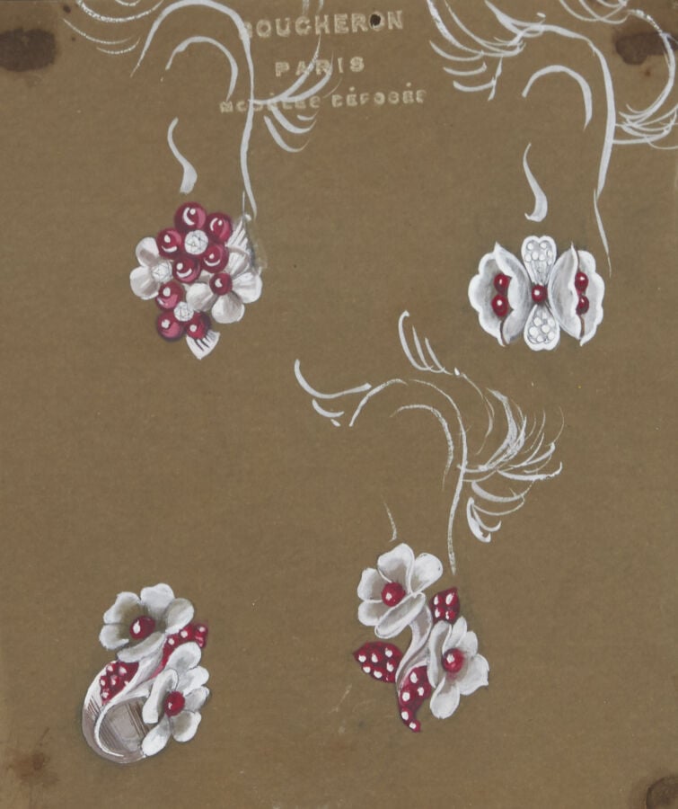 BOUCHERON - CARNET d'une vingtaine de DESSINS originaux gouachés, de bijoux et…