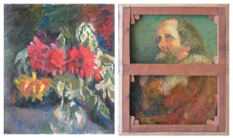 Bouquet de dahlias/ Portrait d'homme Huile sur toile (double face) Non signée 65 x 55 cm Vente: Drouot Estimations, Paris 26 no