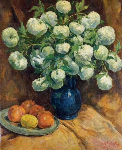 Bouquet de fleurs, 1944 Huile sur toile, signée, datée et située «Paris», en bas à droite, contresignée, datée au dos 81 x 65 cm
